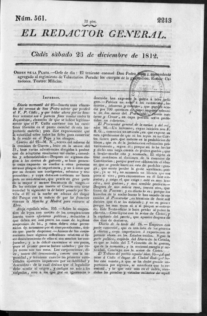 Miniatura de Redactor General del sábado 26 de diciembre de 1812