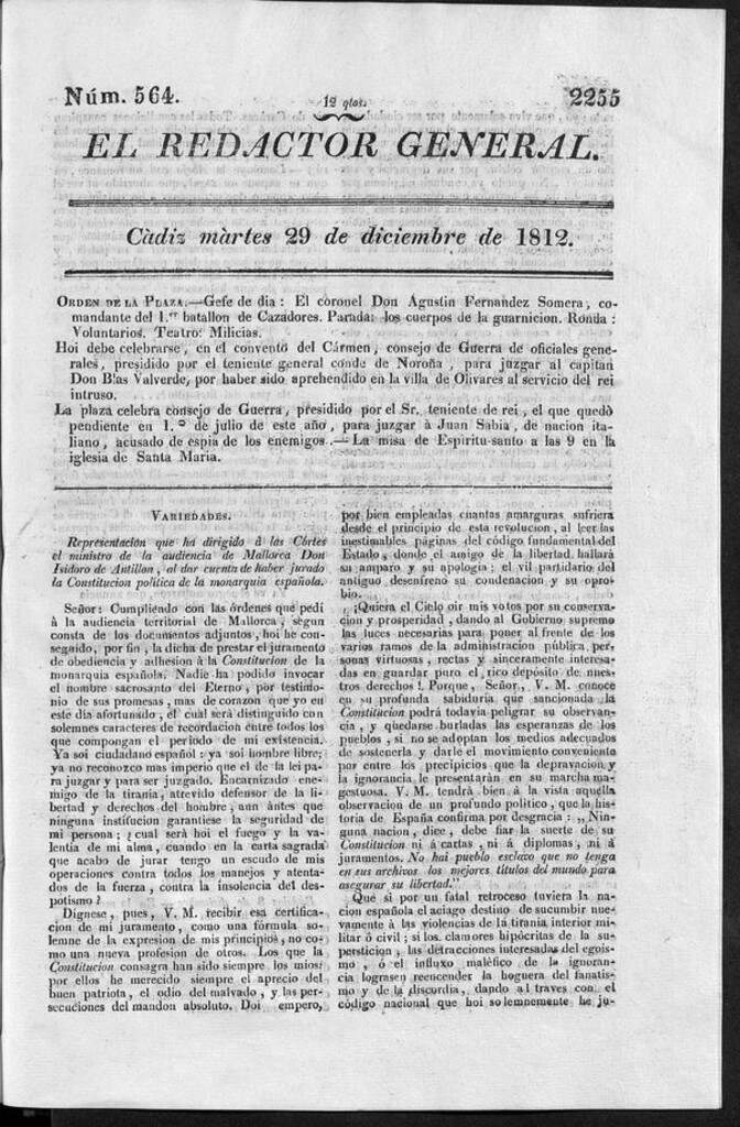 Miniatura de Redactor General del martes 29 de diciembre de 1812