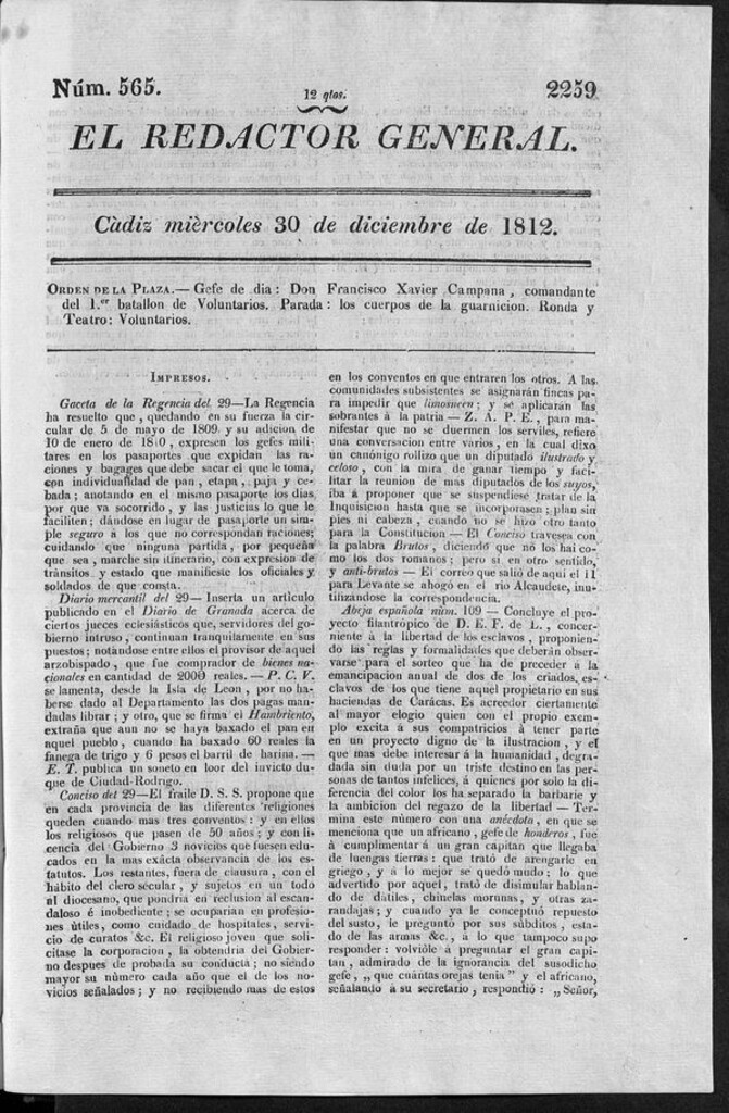Miniatura de Redactor General del miércoles 30 de diciembre de 1812