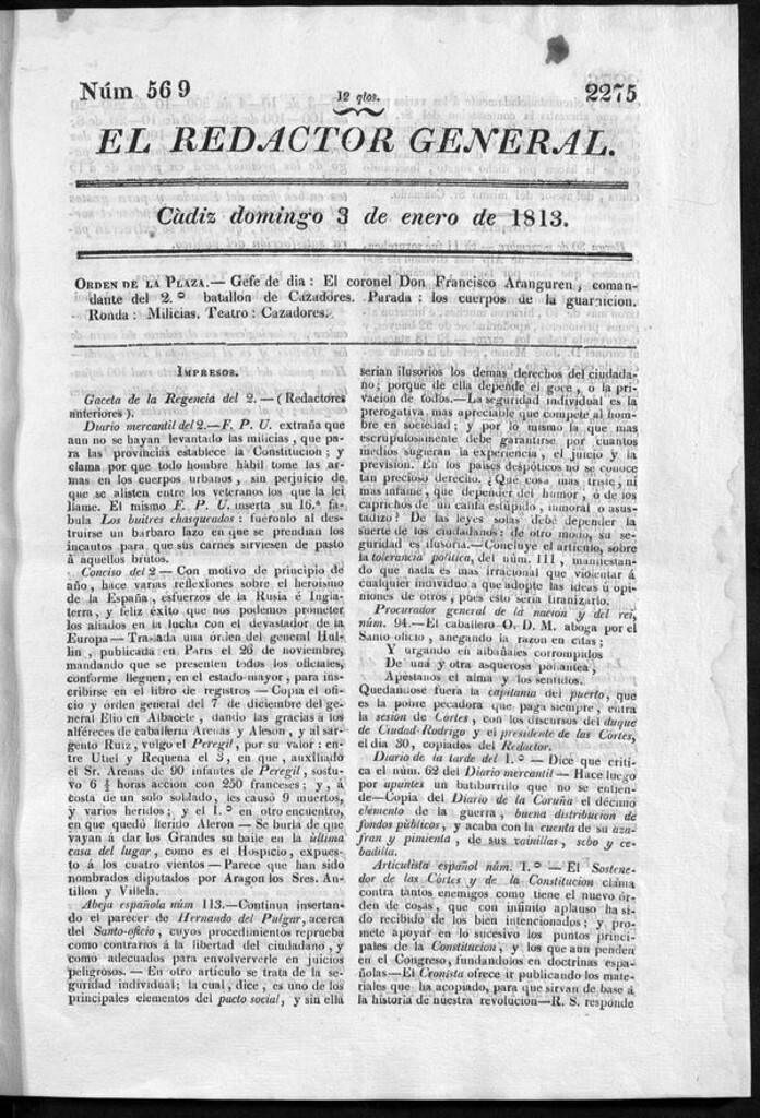 Miniatura de Redactor General del domingo 3 de enero de 1813