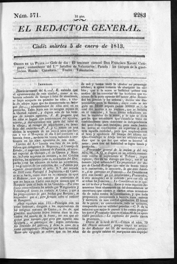 Miniatura de Redactor General del martes 5 de enero de 1813