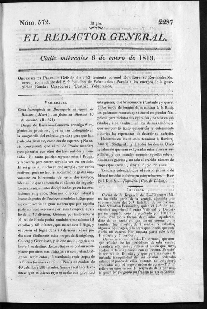 Miniatura de Redactor General del miércoles 6 de enero de 1813