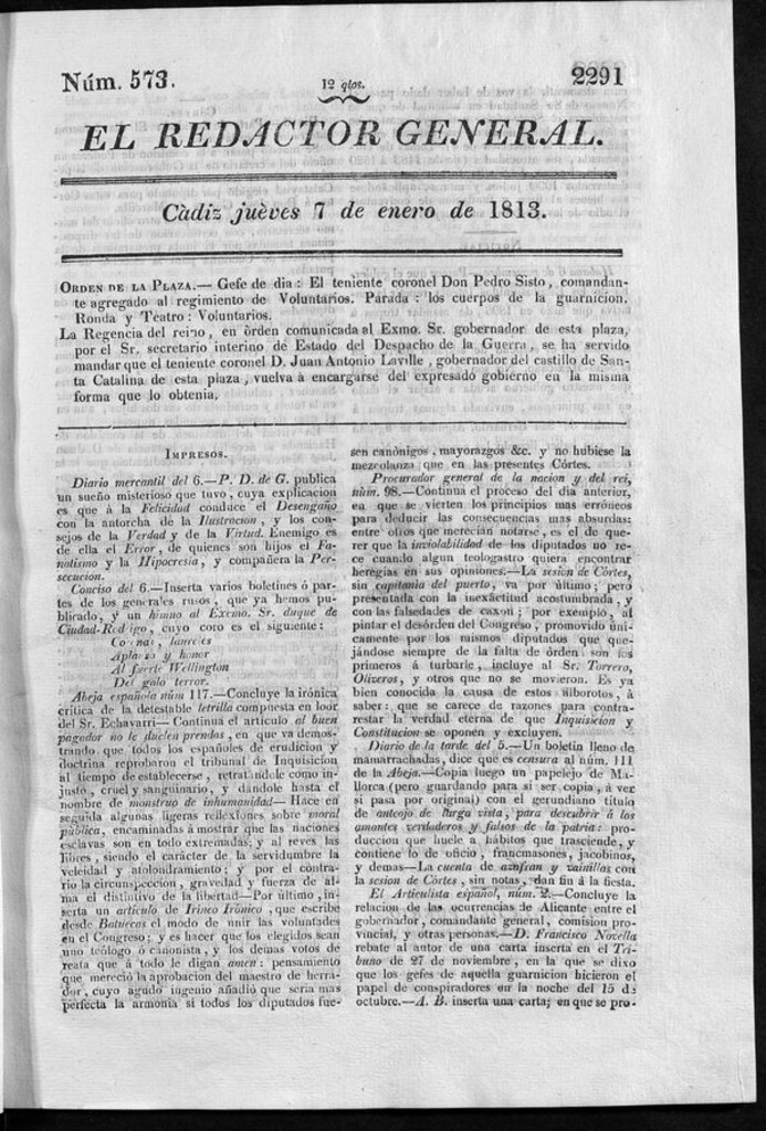 Miniatura de Redactor General del jueves 7 de enero de 1813