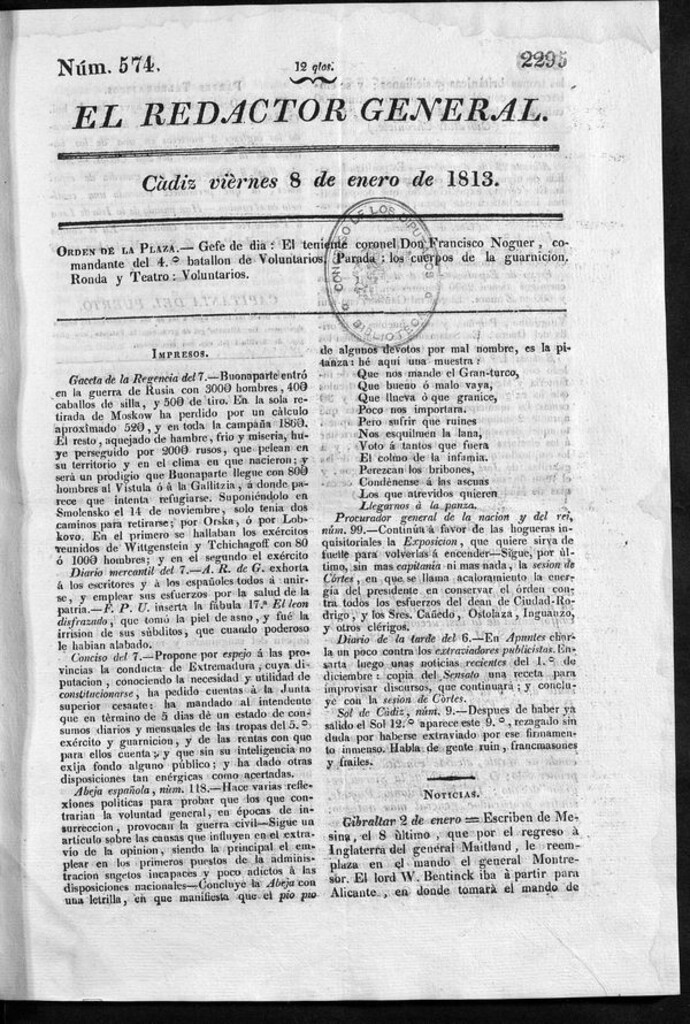 Miniatura de Redactor General del viernes 8 de enero de 1813