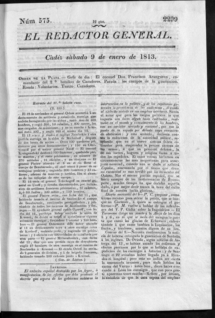 Miniatura de Redactor General del sábado 9 de enero de 1813