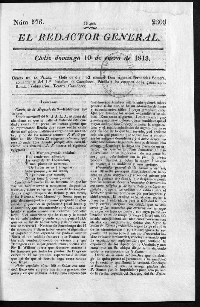 Miniatura de Redactor General del domingo 10 de enero de 1813