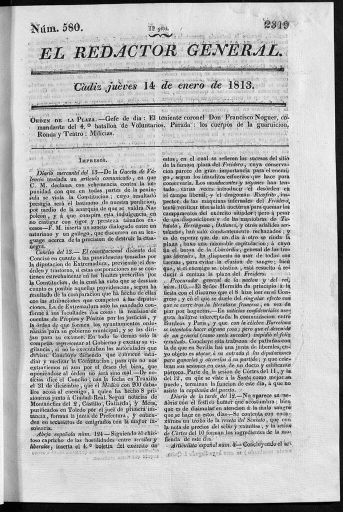 Miniatura de Redactor General del jueves 14 de enero de 1813