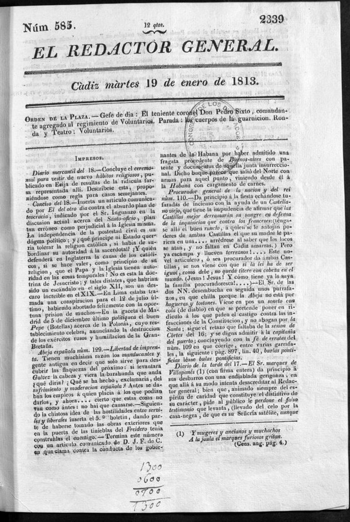 Miniatura de Redactor General del martes 19 de enero de 1813