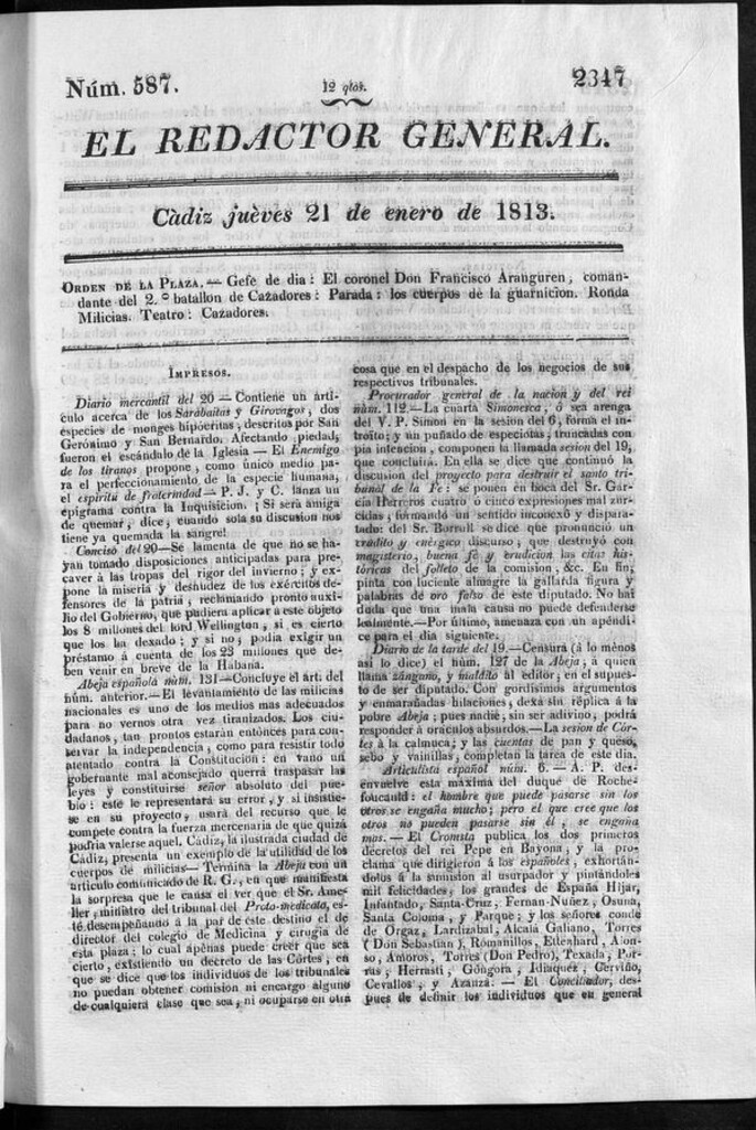 Miniatura de Redactor General del jueves 21 de enero de 1813