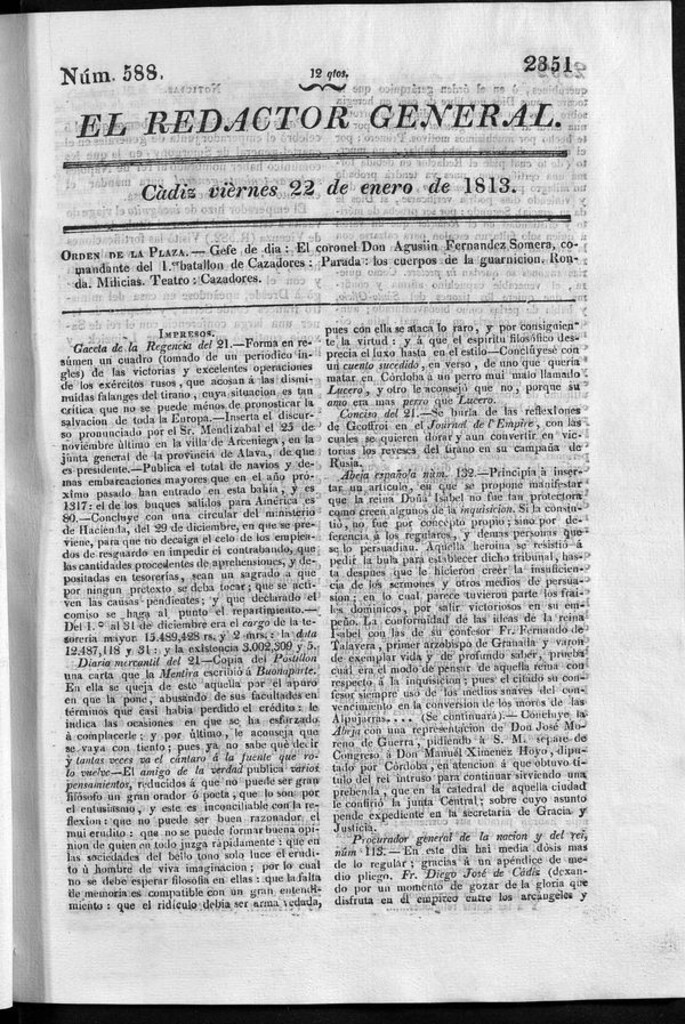 Miniatura de Redactor General del viernes 22 de enero de 1813