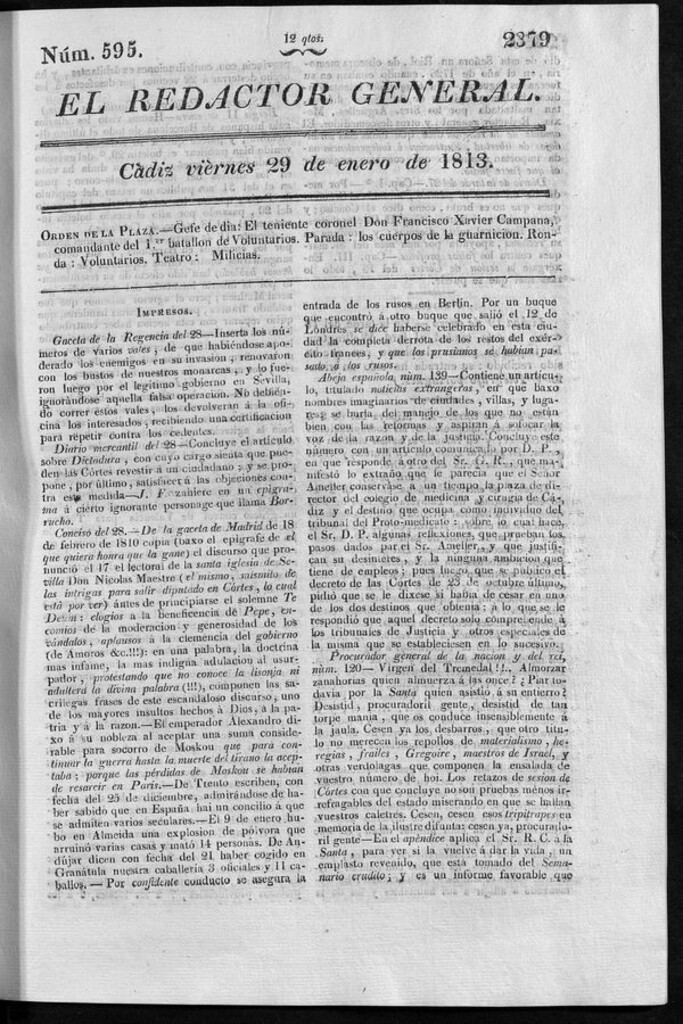 Miniatura de Redactor General del viernes 29 de enero de 1813
