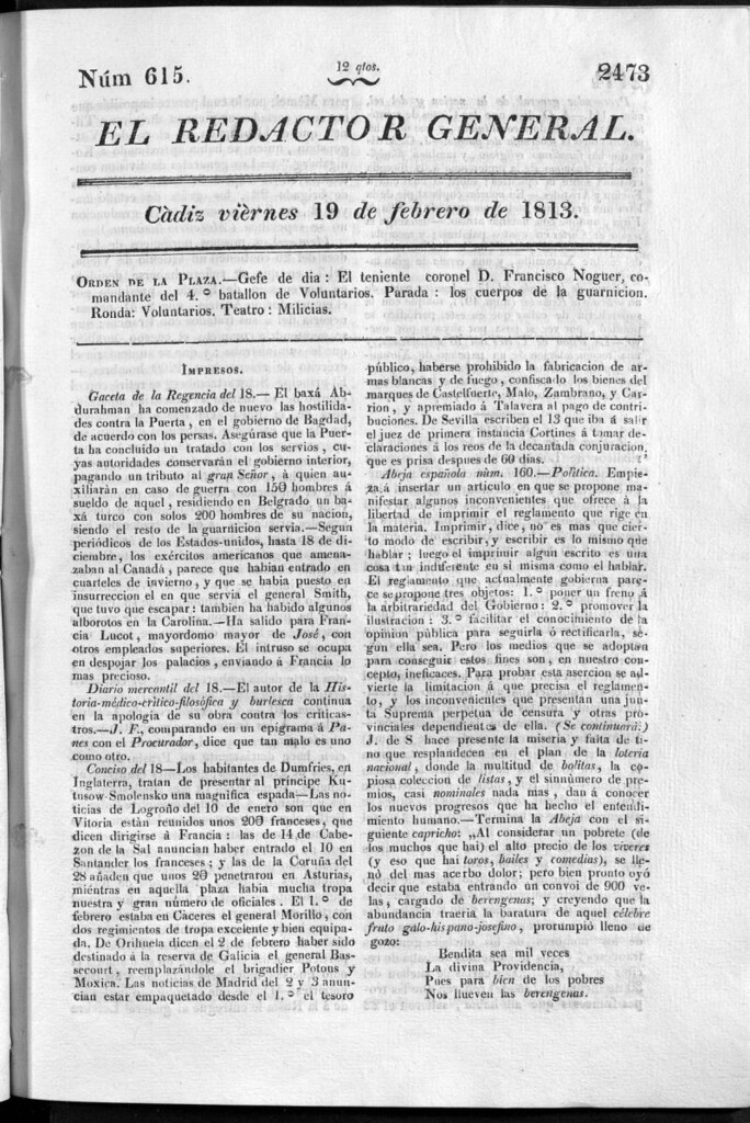 Miniatura de Redactor General del viernes 19 de febrero de 1813