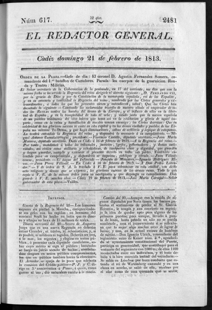 Miniatura de Redactor General del domingo 21 de febrero de 1813