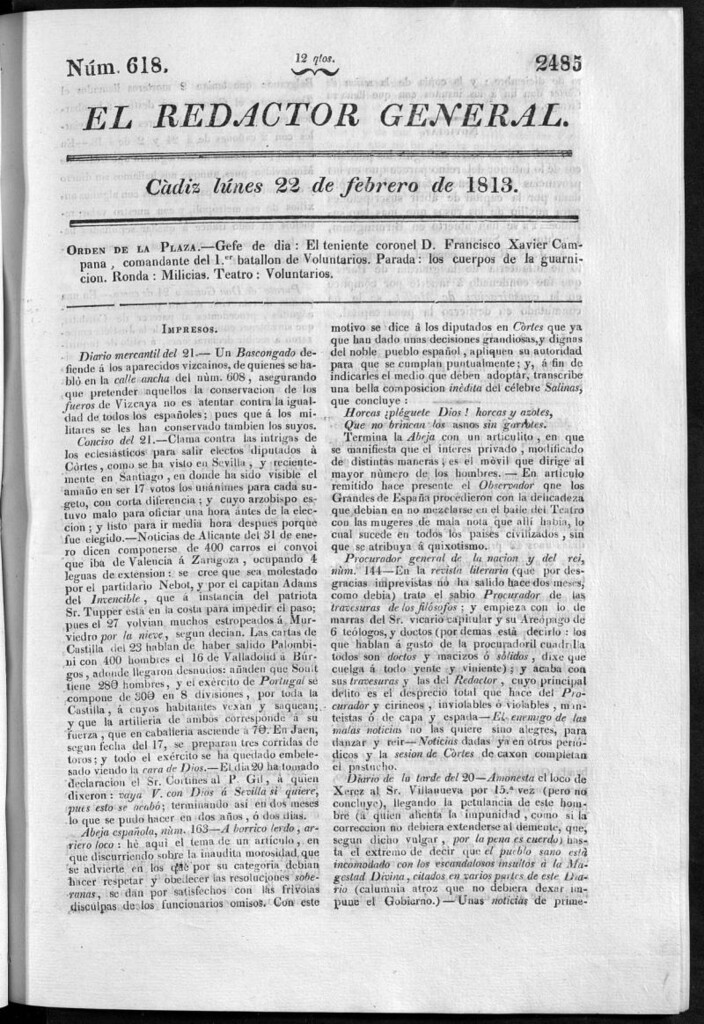 Miniatura de Redactor General del lunes 22 de febrero de 1813