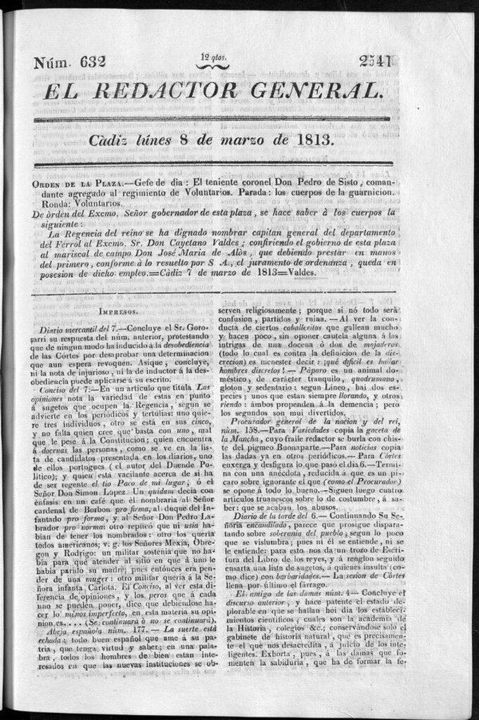 Miniatura de Redactor General del lunes 8 de marzo de 1813