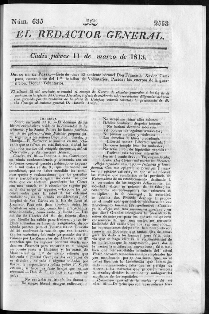 Miniatura de Redactor General del jueves 11 de marzo de 1813