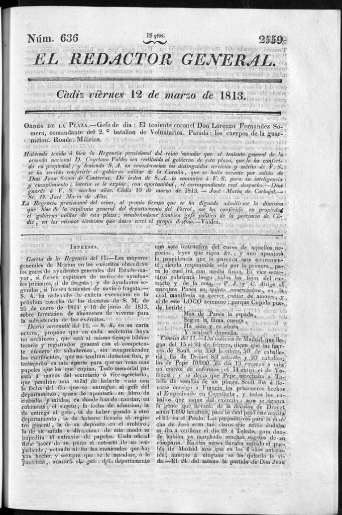 Miniatura de Redactor General del viernes 12 de marzo de 1813