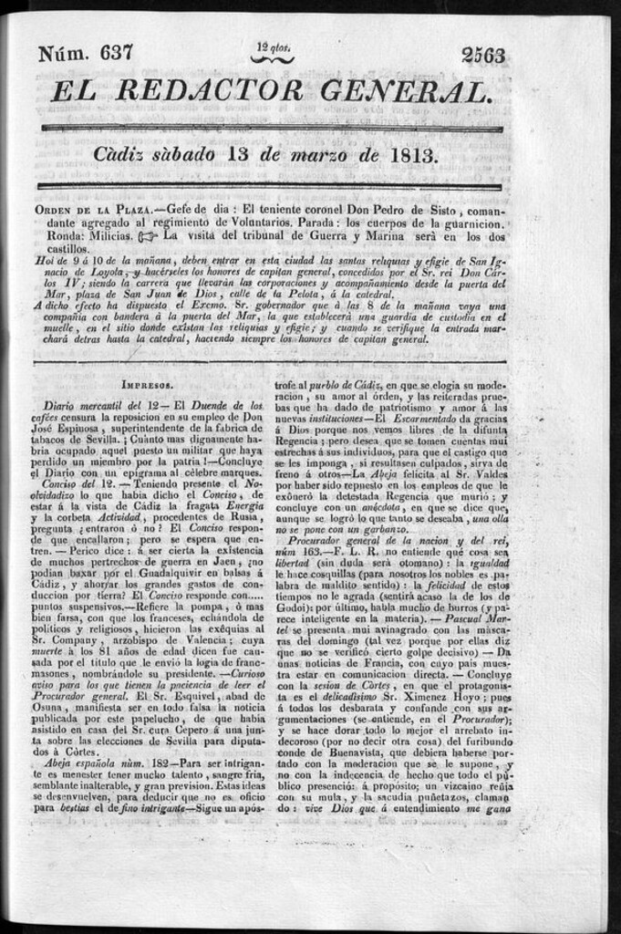 Miniatura de Redactor General del sábado 13 de marzo de 1813