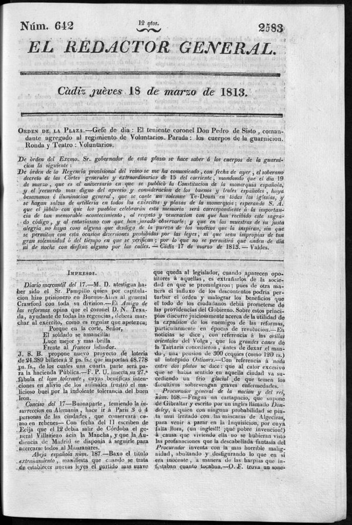 Miniatura de Redactor General del jueves 18 de marzo de 1813