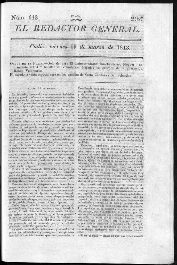 Miniatura de Redactor General del viernes 19 de marzo de 1813