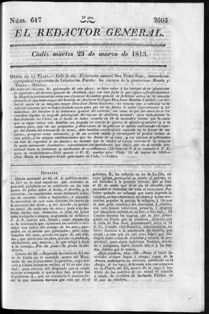 Miniatura de Redactor General del martes 23 de marzo de 1813