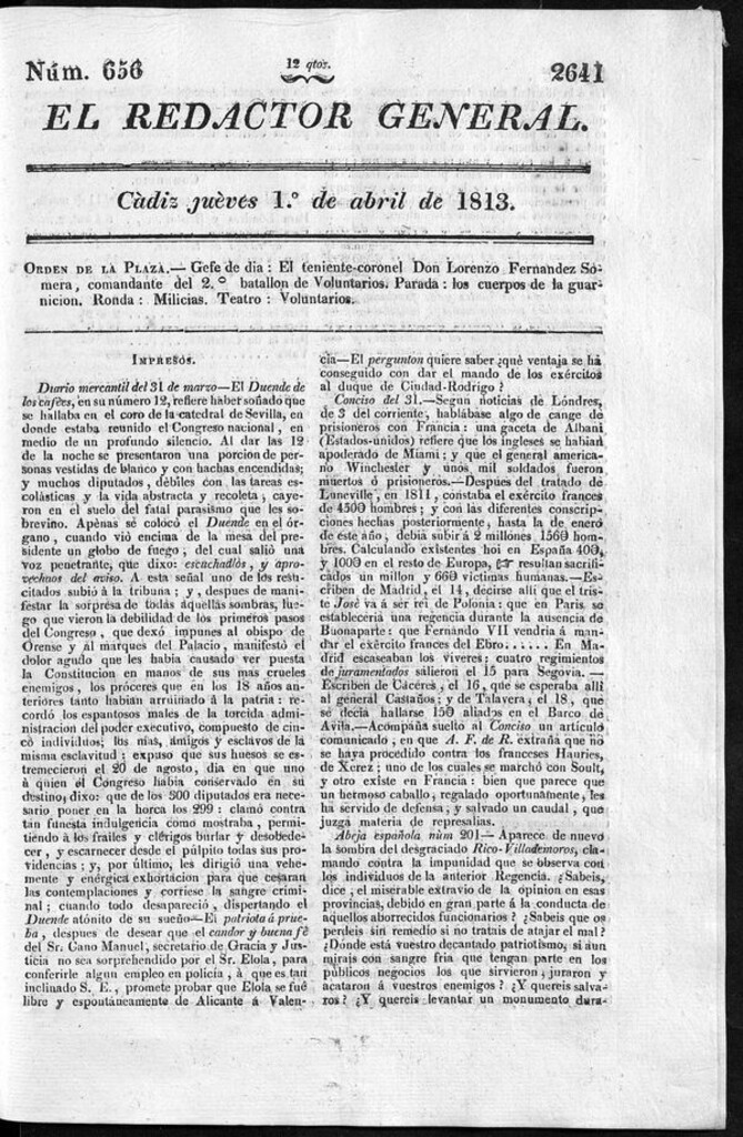 Miniatura de Redactor General del jueves 1 de abril de 1813