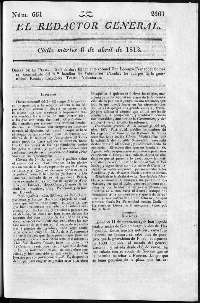 Miniatura de Redactor General del martes 6 de abril de 1813