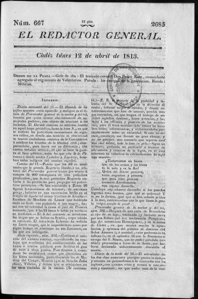 Miniatura de Redactor General del lunes 12 de abril de 1813