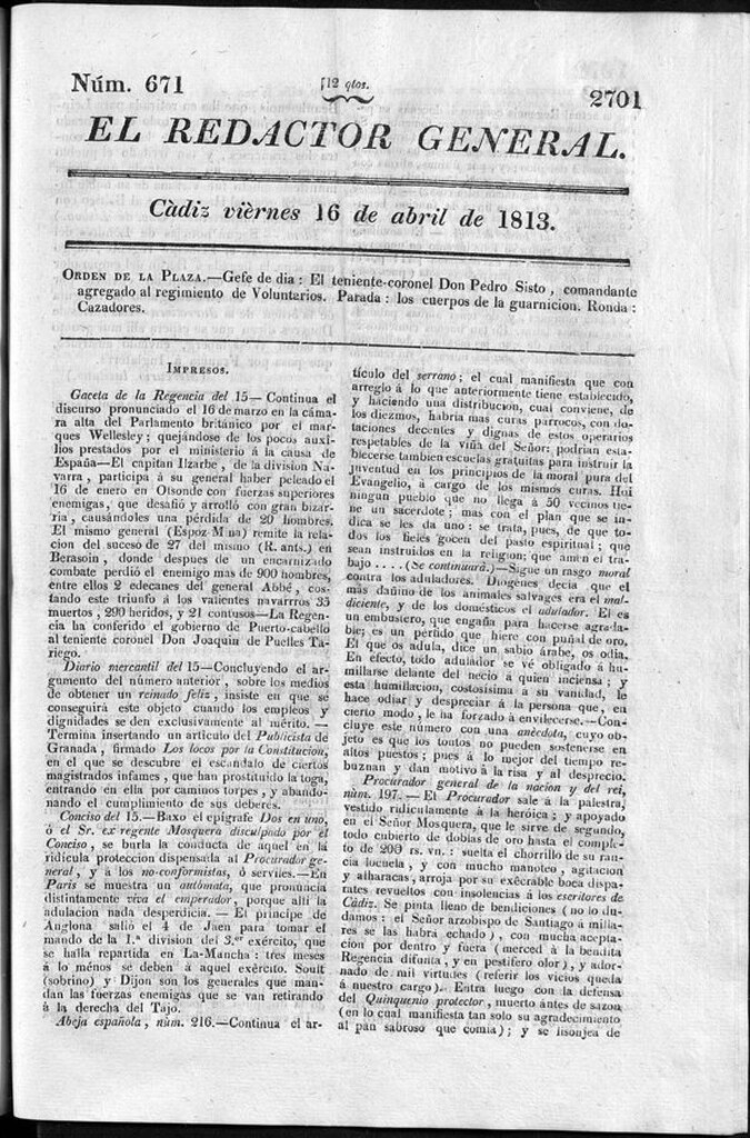 Miniatura de Redactor General del viernes 16 de abril de 1813