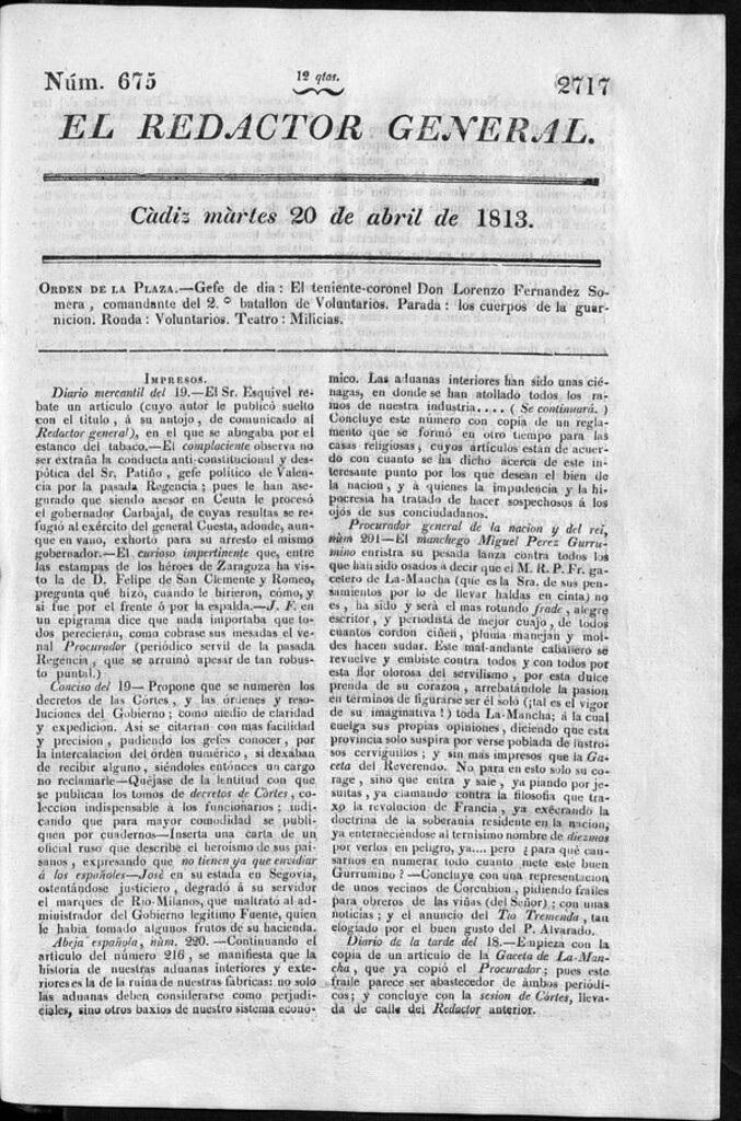 Miniatura de Redactor General del martes 20 de abril de 1813