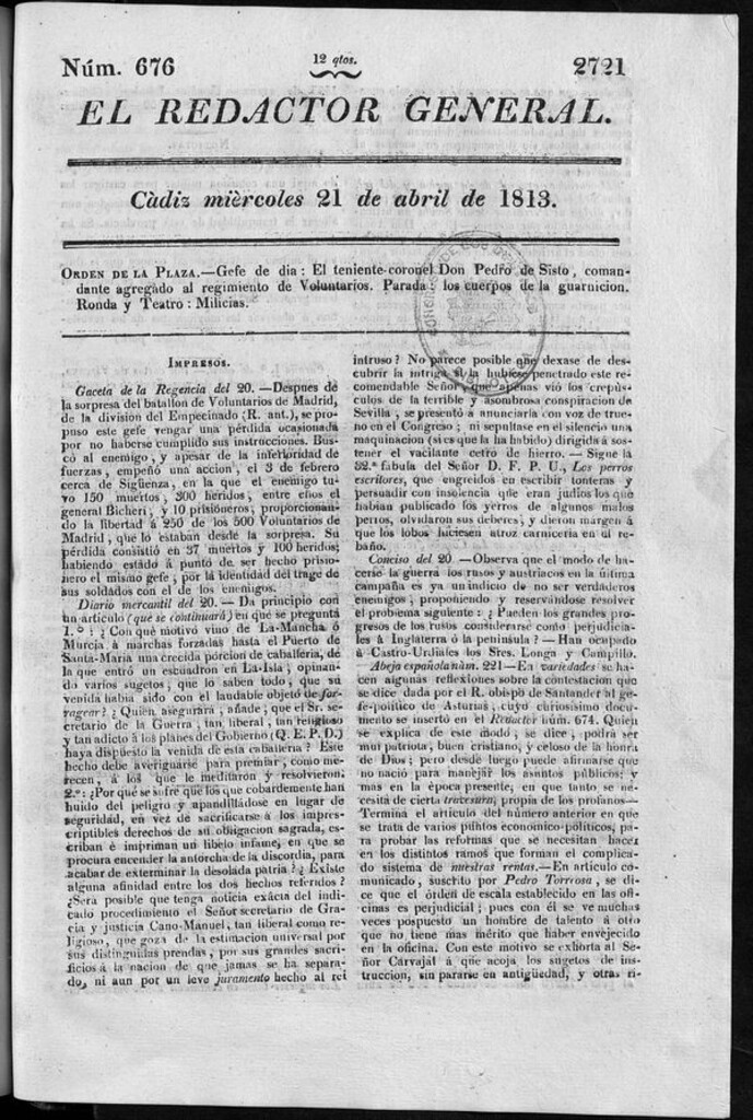Miniatura de Redactor General del miércoles 21 de abril de 1813