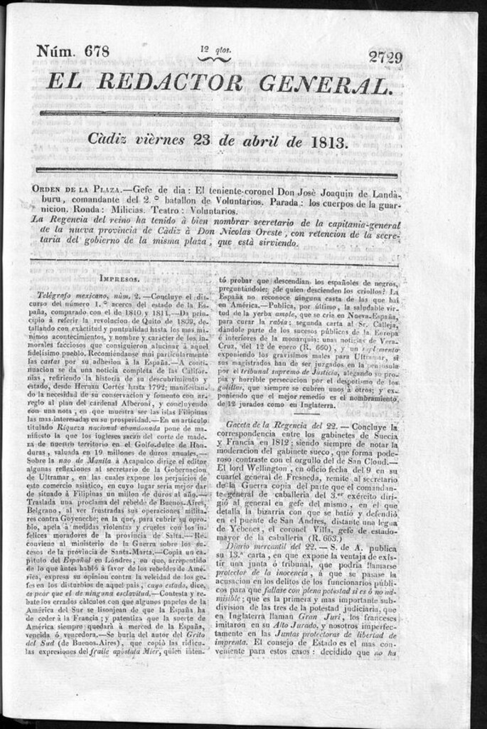 Miniatura de Redactor General del viernes 23 de abril de 1813