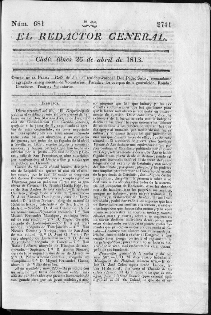 Miniatura de Redactor General del lunes 26 de abril de 1813
