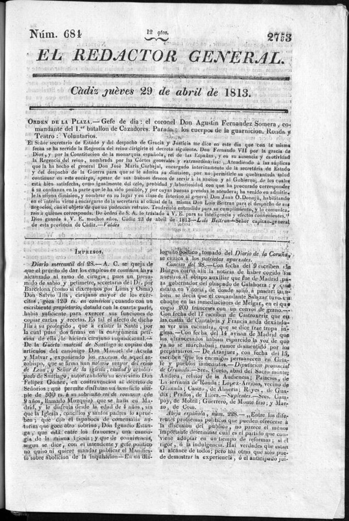 Miniatura de Redactor General del jueves 29 de abril de 1813