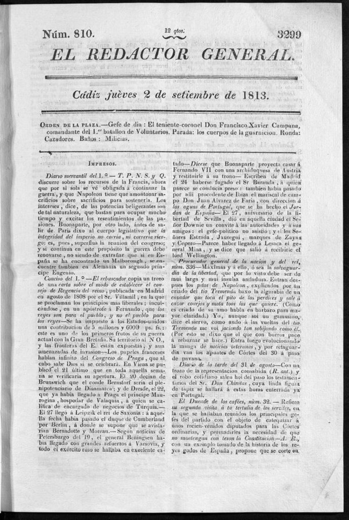Miniatura de Redactor General del jueves 2 de septiembre de 1813