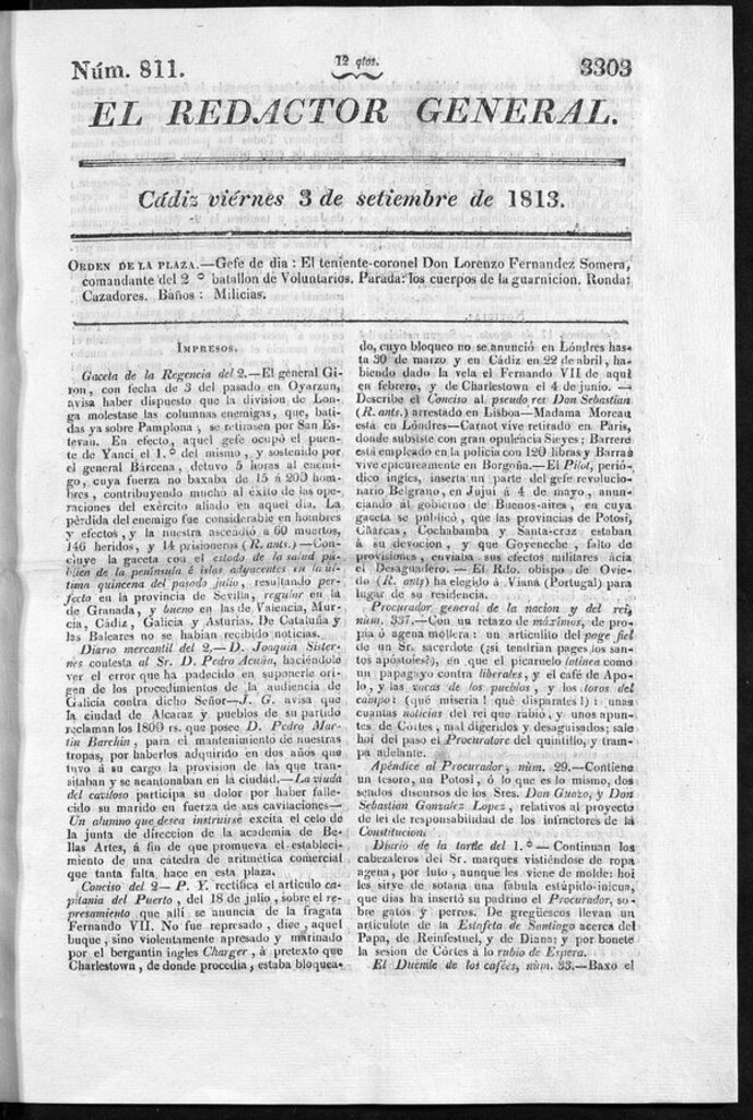 Miniatura de Redactor General del viernes 3 de septiembre de 1813
