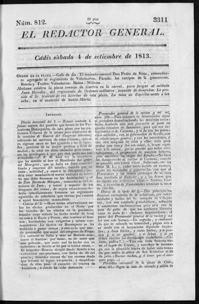 Miniatura de Redactor General del sábado 4 de septiembre de 1813