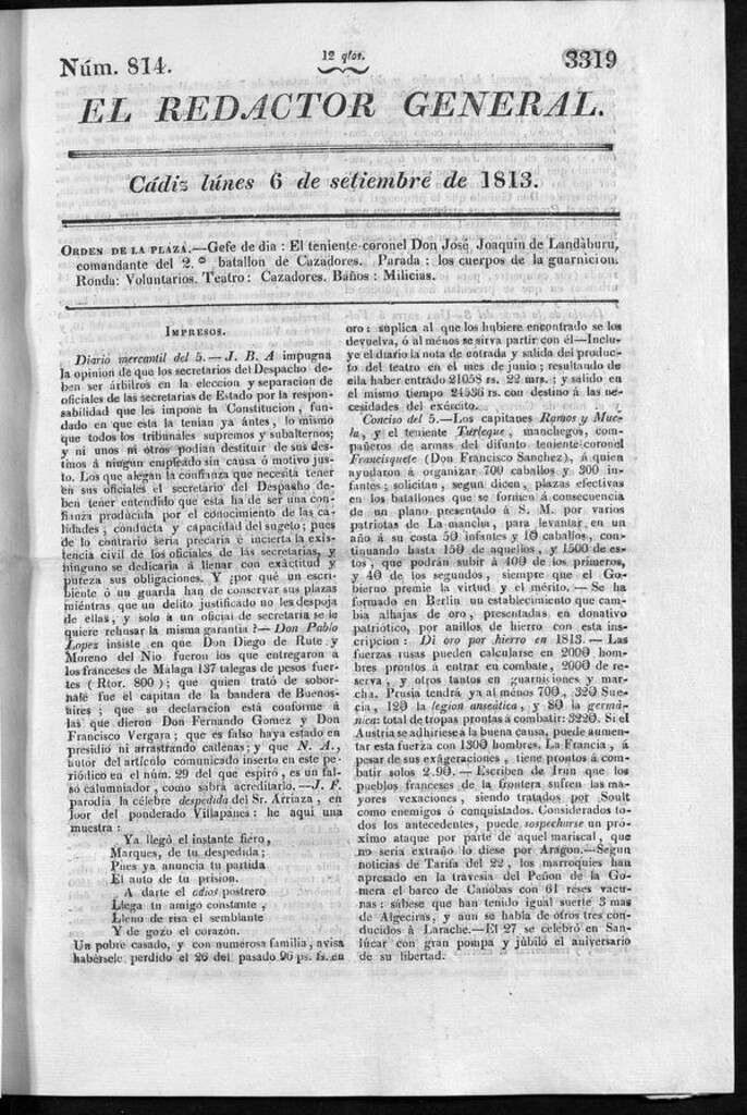 Miniatura de Redactor General del lunes 6 de septiembre de 1813