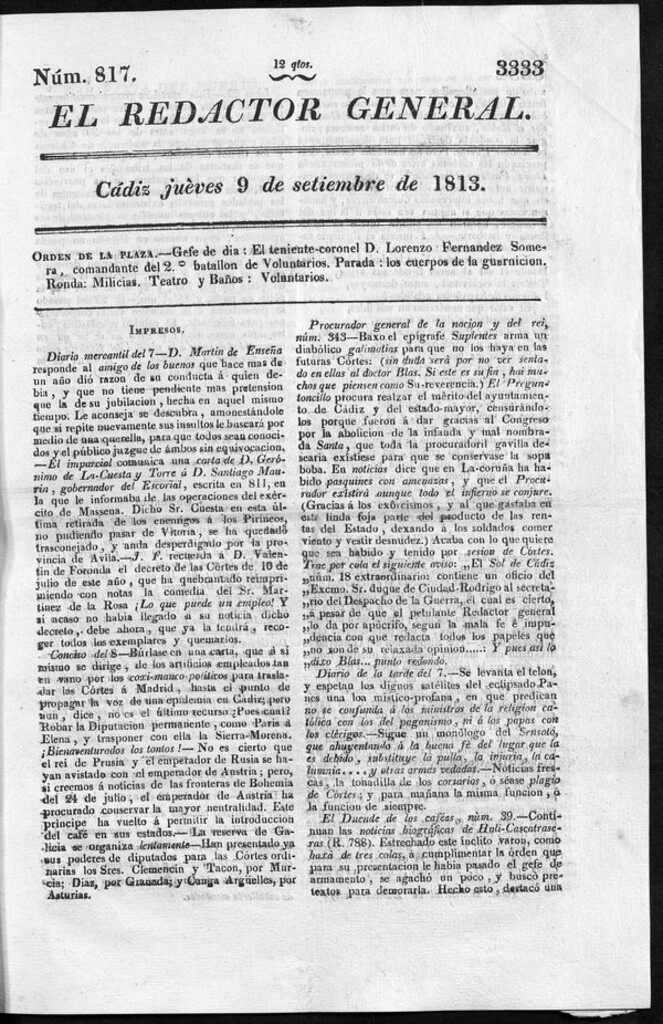 Miniatura de Redactor General del jueves 9 de septiembre de 1813