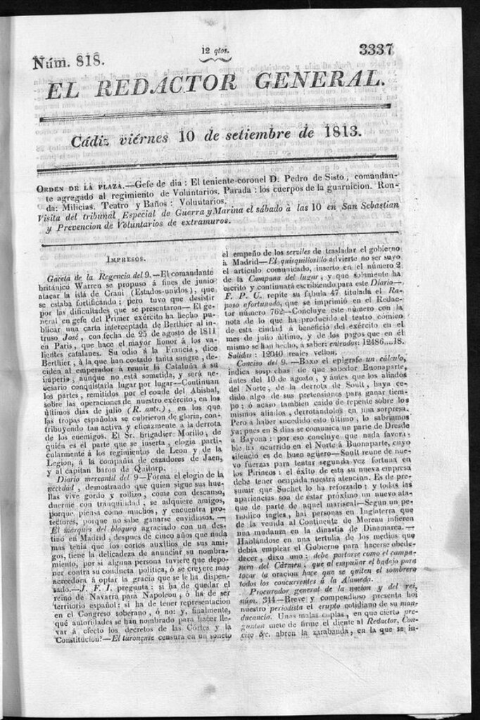 Miniatura de Redactor General del viernes 10 de septiembre de 1813