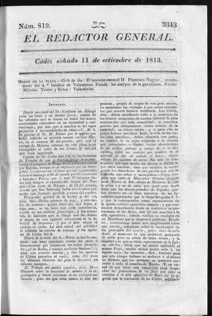 Miniatura de Redactor General del sábado 11 de septiembre de 1813