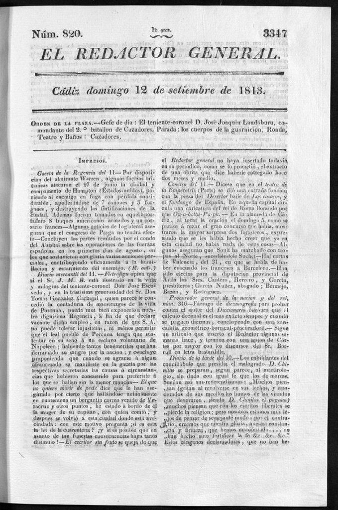 Miniatura de Redactor General del domingo 12 de septiembre de 1813