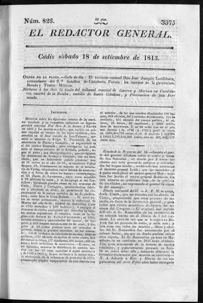 Miniatura de Redactor General del sábado 18 de septiembre de 1813