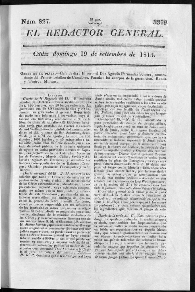 Miniatura de Redactor General del domingo 19 de septiembre de 1813