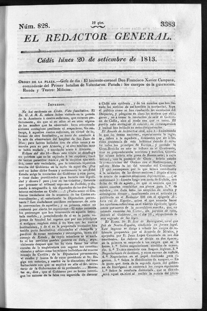 Miniatura de Redactor General del lunes 20 de septiembre de 1813