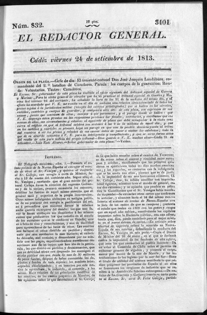Miniatura de Redactor General del viernes 24 de septiembre de 1813