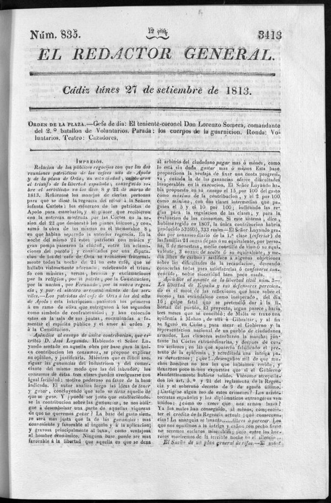Miniatura de Redactor General del lunes 27 de septiembre de 1813