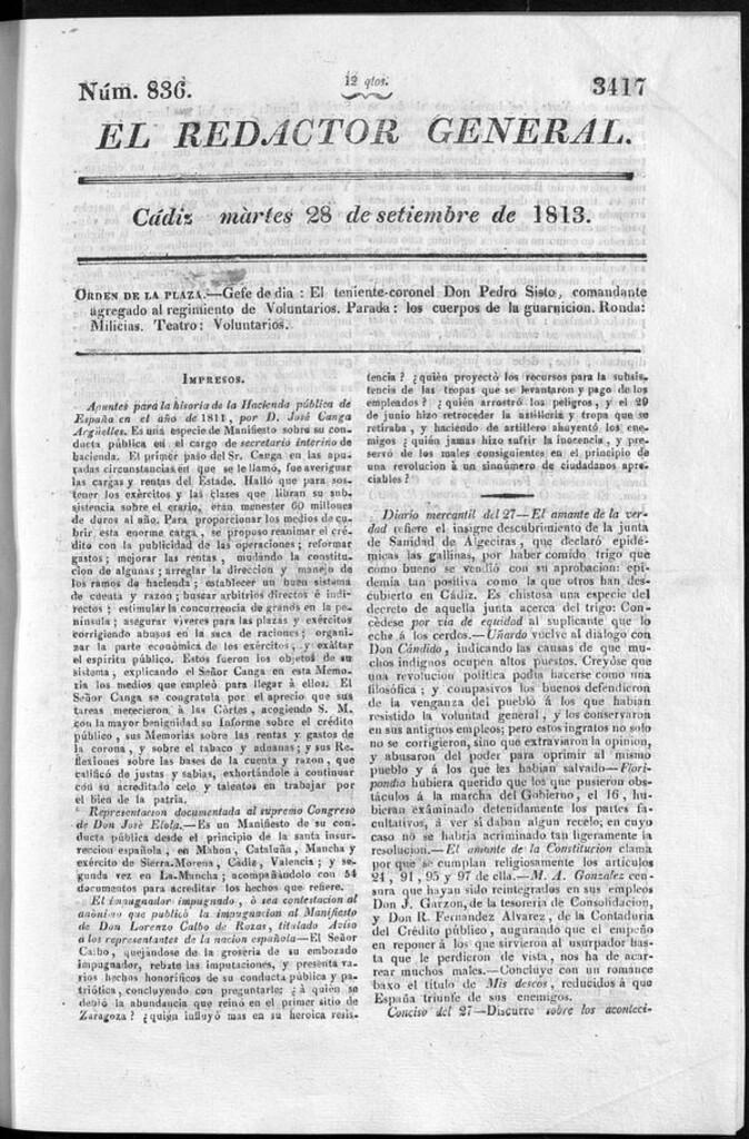 Miniatura de Redactor General del martes 28 de septiembre de 1813