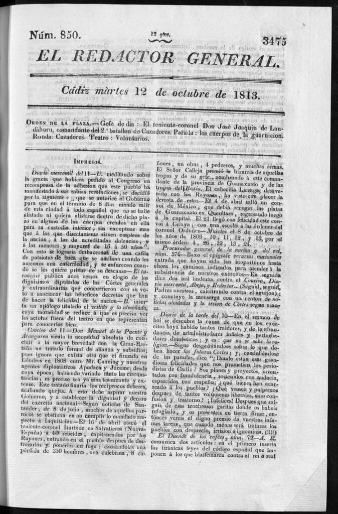Miniatura de Redactor General del martes 12 de octubre de 1813