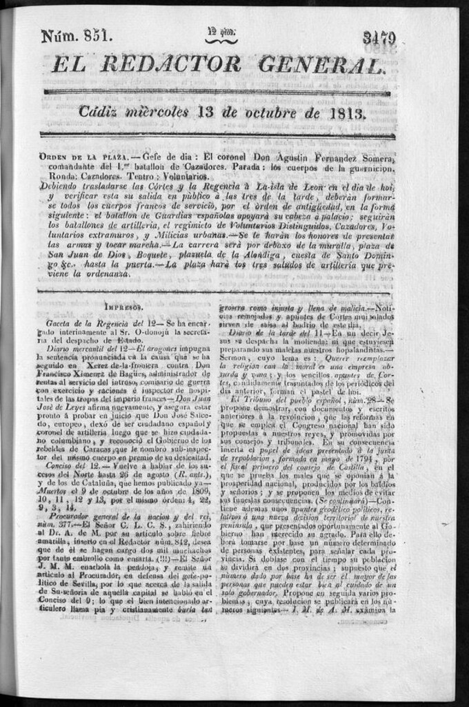 Miniatura de Redactor General del miercoles 13 de octubre de 1813